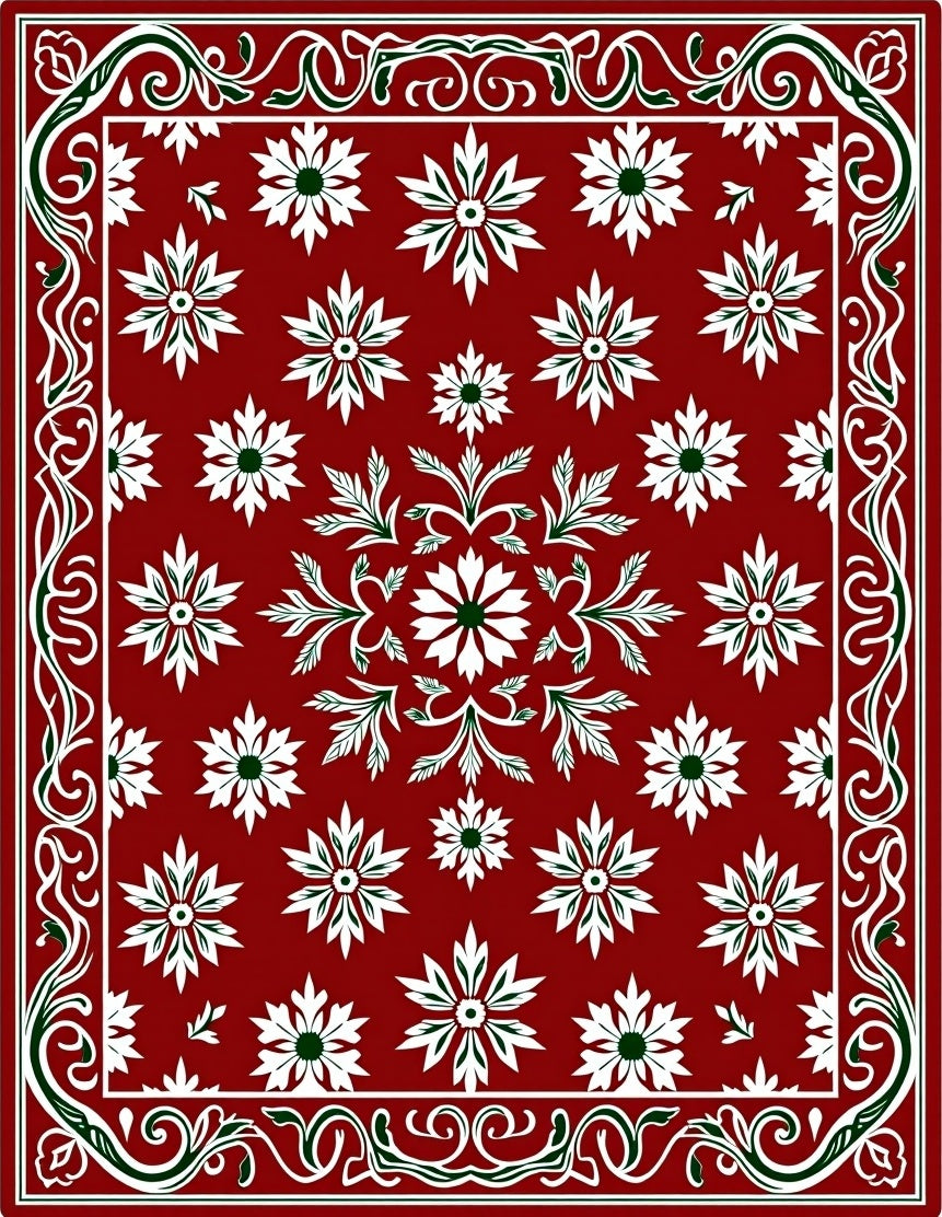 Deep Red Floral Swirl Border Rug