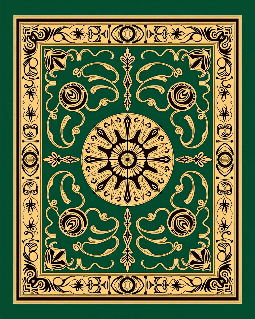 Antique Emerald Gold Floral Medallion Rug