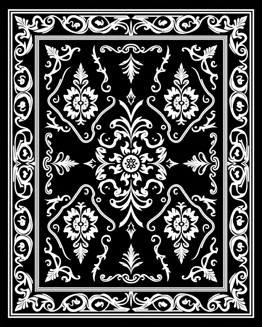 Classic Black White Floral Scroll Rug