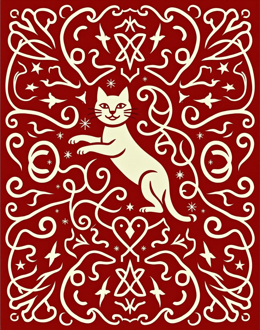 Crimson Ivory Whimsical Feline Swirls Rug
