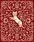Crimson Ivory Whimsical Feline Swirls Rug