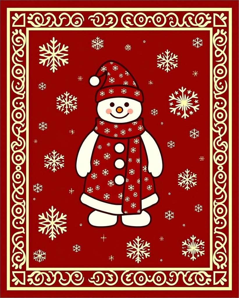 Festive Red Snowman Snowflake Border Rug