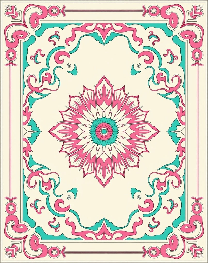Pink Teal Floral Medallion Border Rug