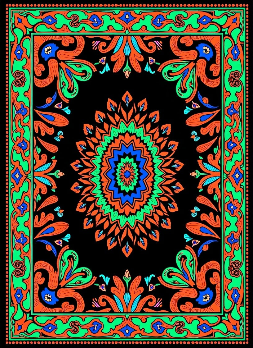 Vibrant Black Orange Green Blue Medallion Rug