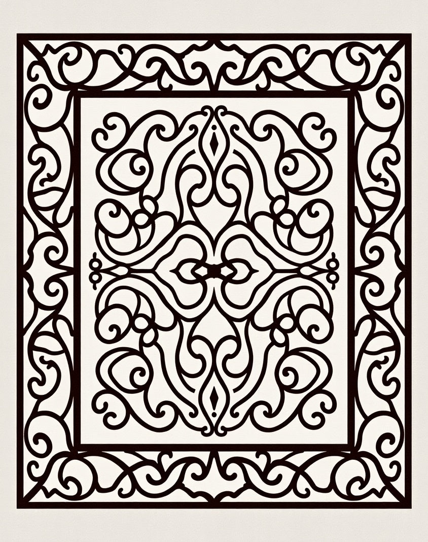 Black Scrollwork Medallion Border Rug