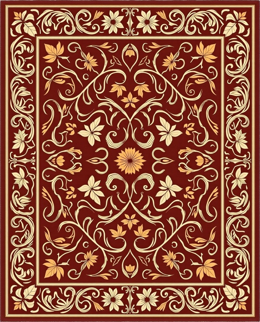 Deep Red Cream Floral Vine Medallion Rug