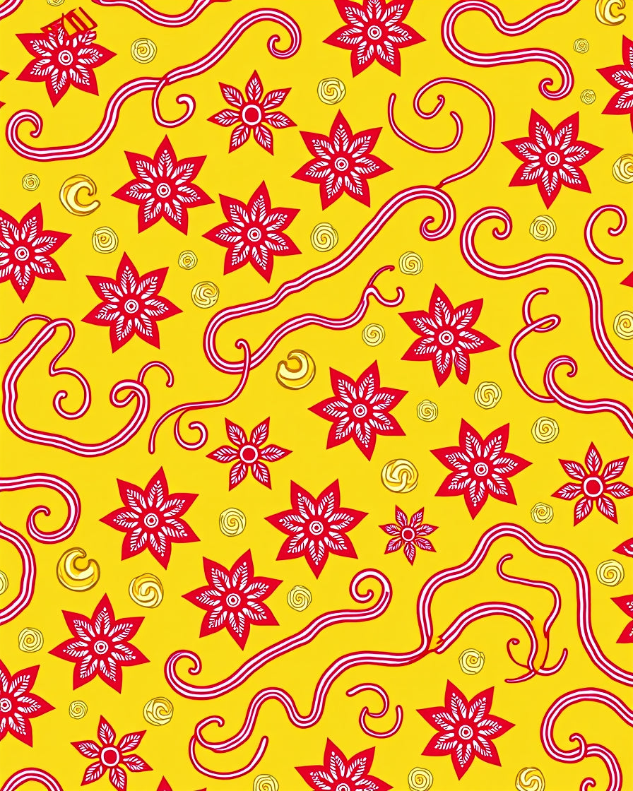 Red Starburst Swirls Yellow Rug