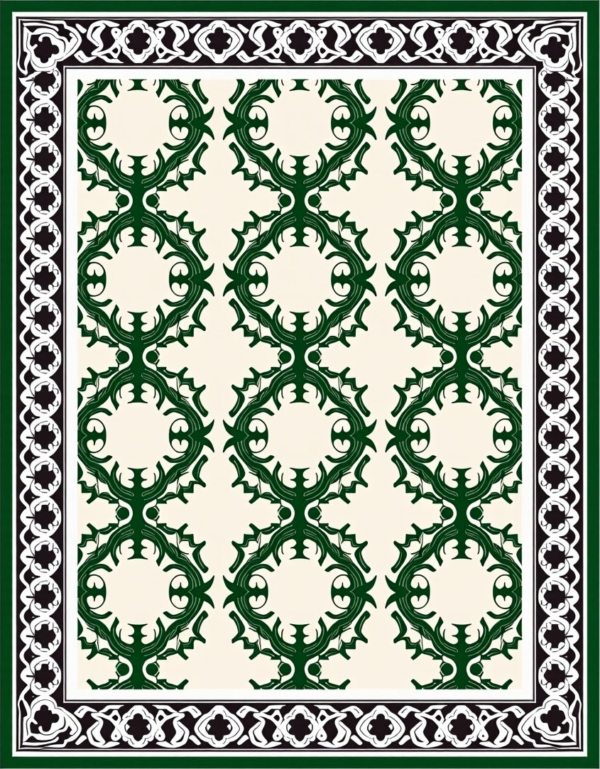 Deep Green Vine Scroll Border Rug