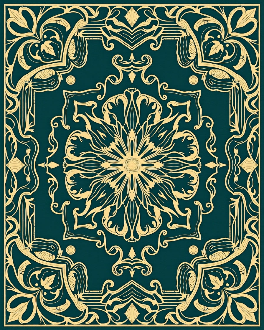 Emerald Green Golden Floral Medallion Rug