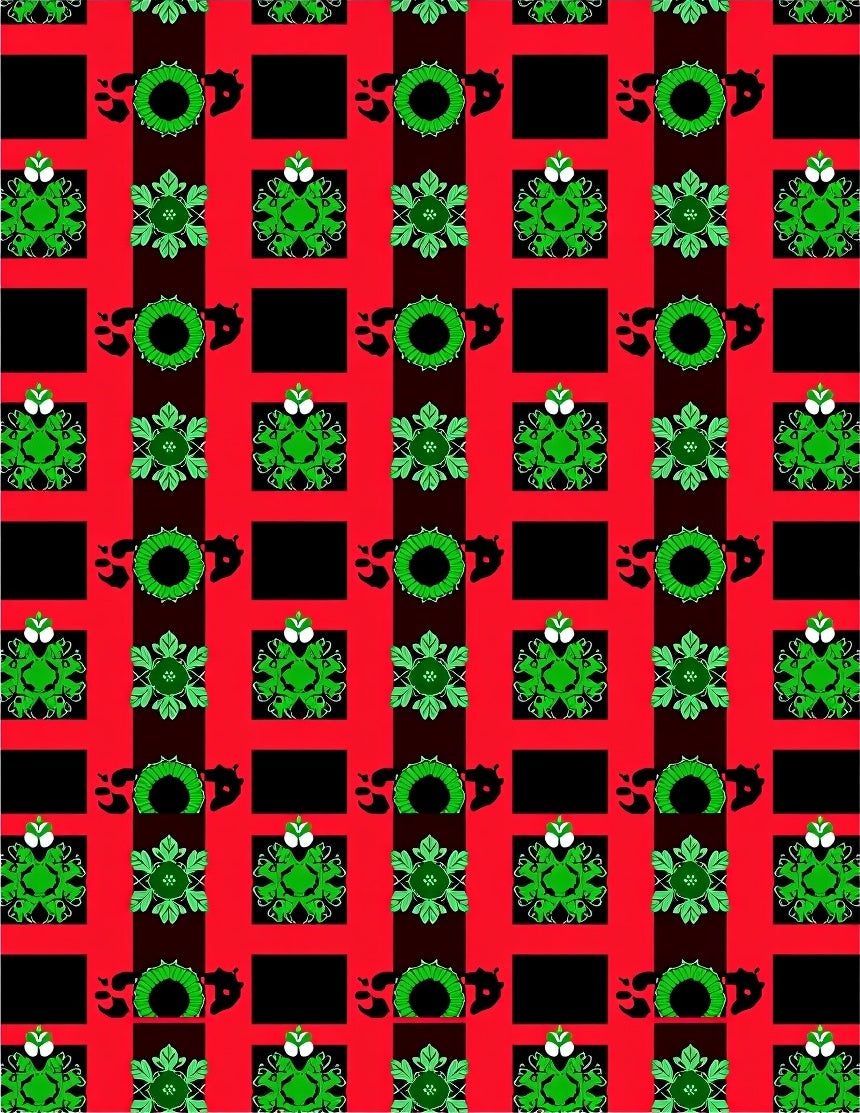 Vibrant green floral motifs on red plaid Rug