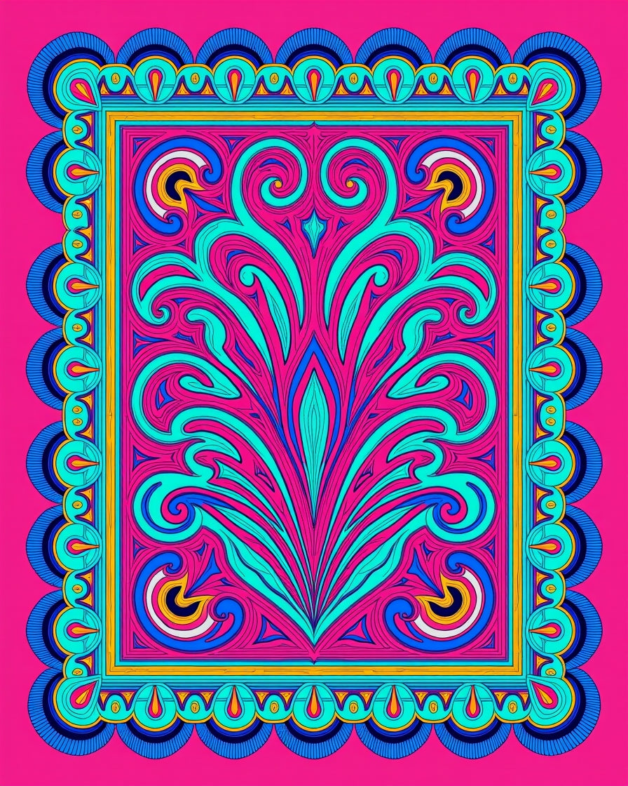 Vibrant Pink Teal Swirl Medallion Rug