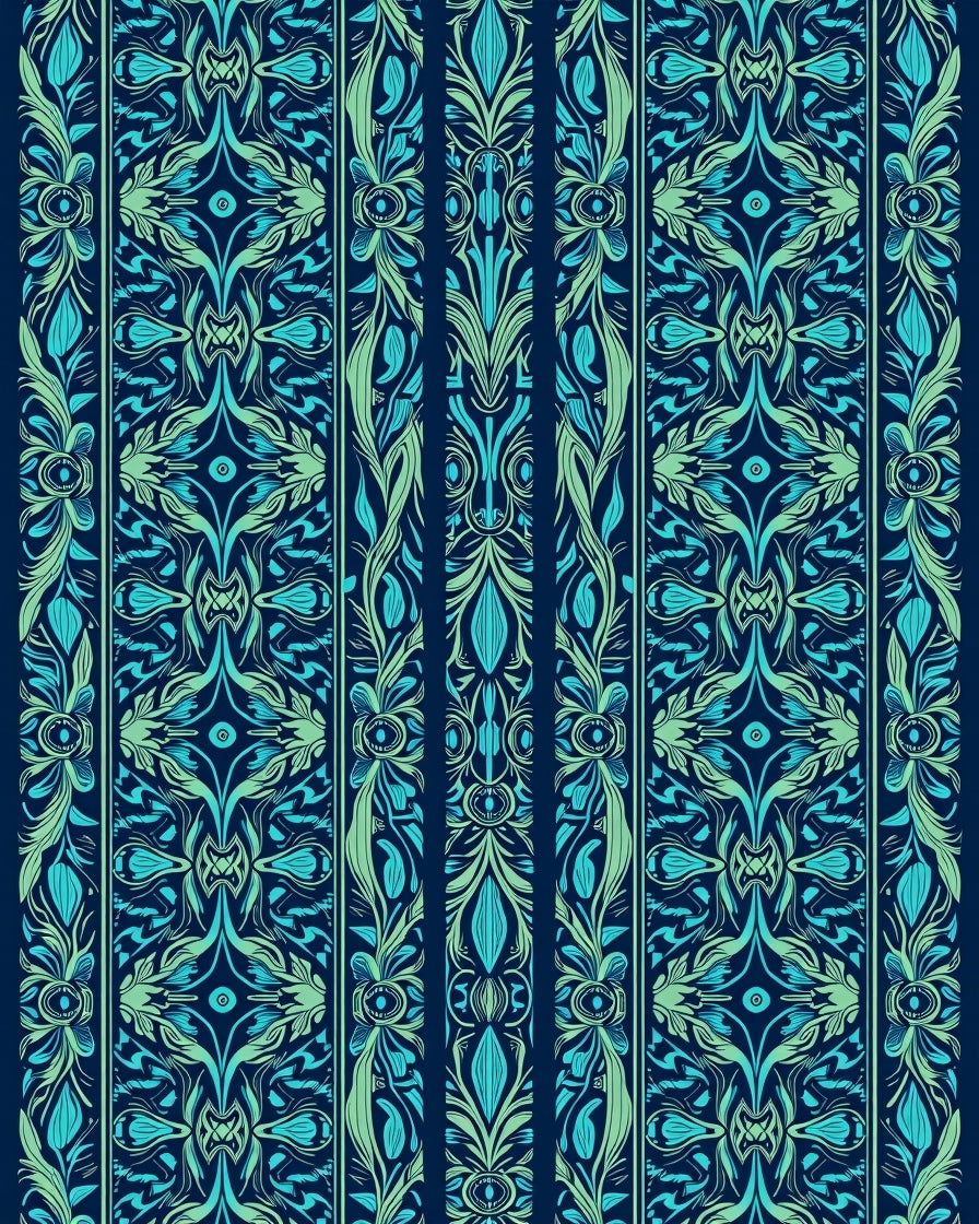 Art Nouveau Teal Floral Vertical Stripe Rug