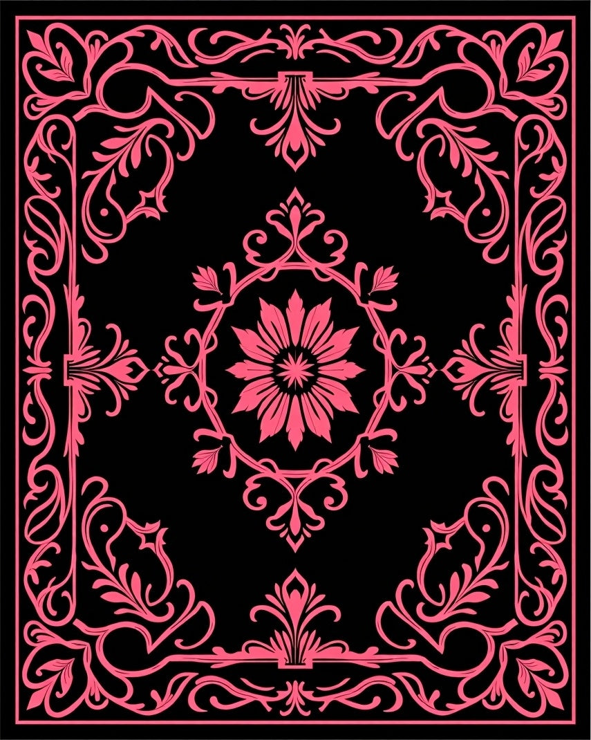 Pink Floral Scrollwork Black Rug