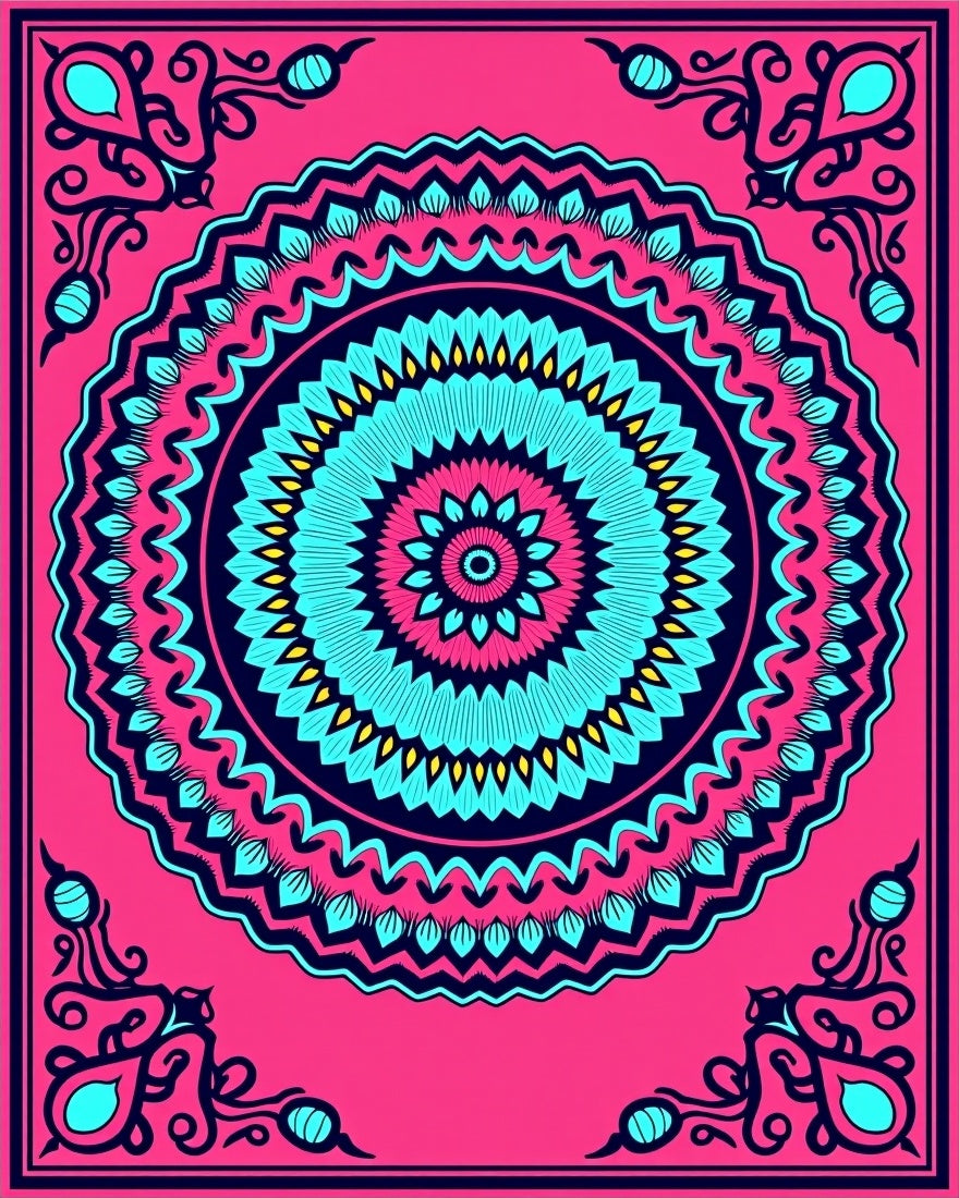 Vibrant Pink Teal Mandala Sunburst Rug