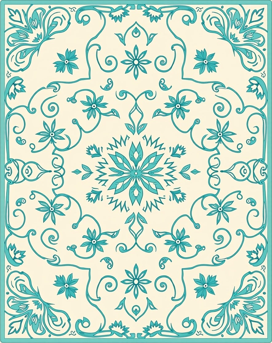 Teal Floral Scroll Medallion Rug
