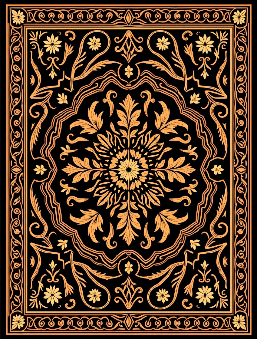 Ornate Golden Floral Medallion Black Rug