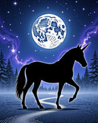 Magical Black Unicorn Moonlit Starry Landscape Rug