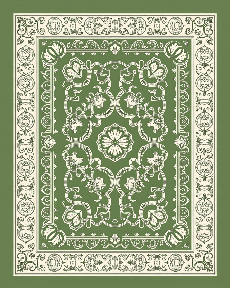 Sage Green Floral Scroll Border Rug