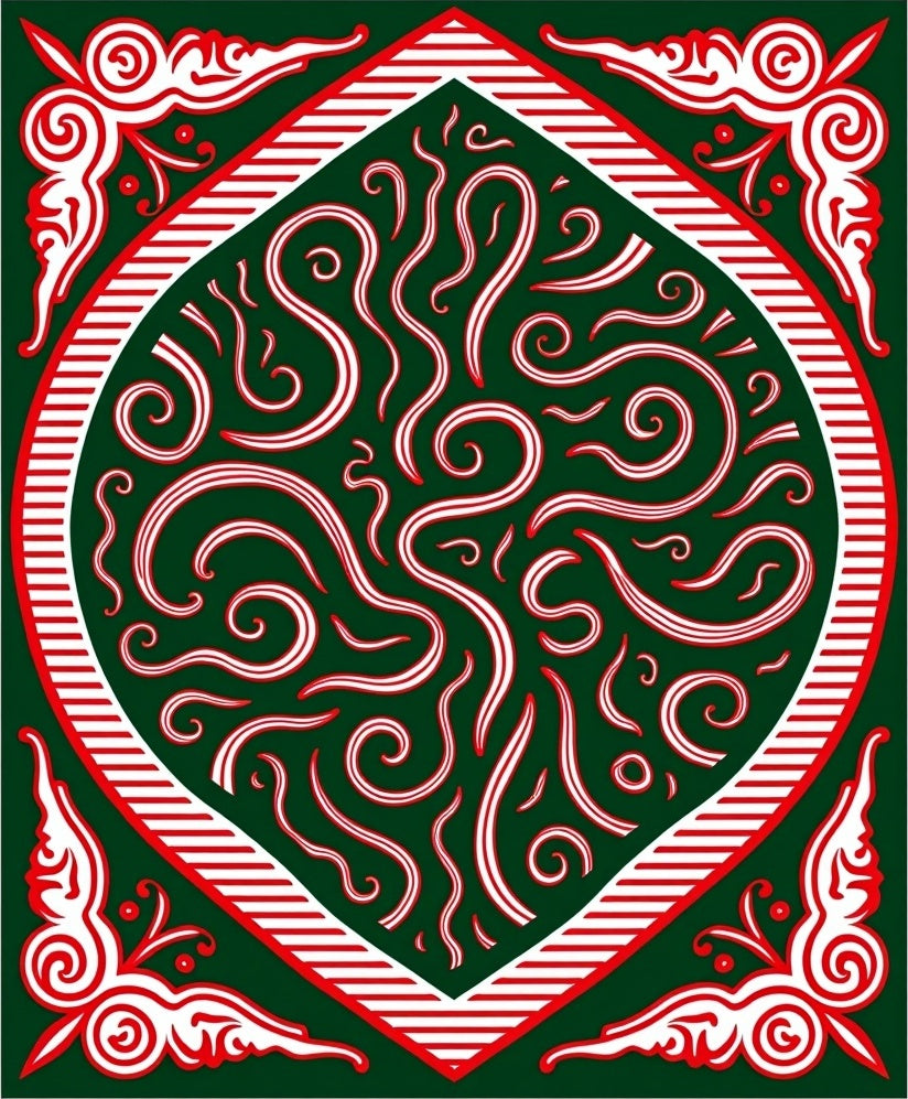 Emerald Red White Swirling Scrollwork Rug