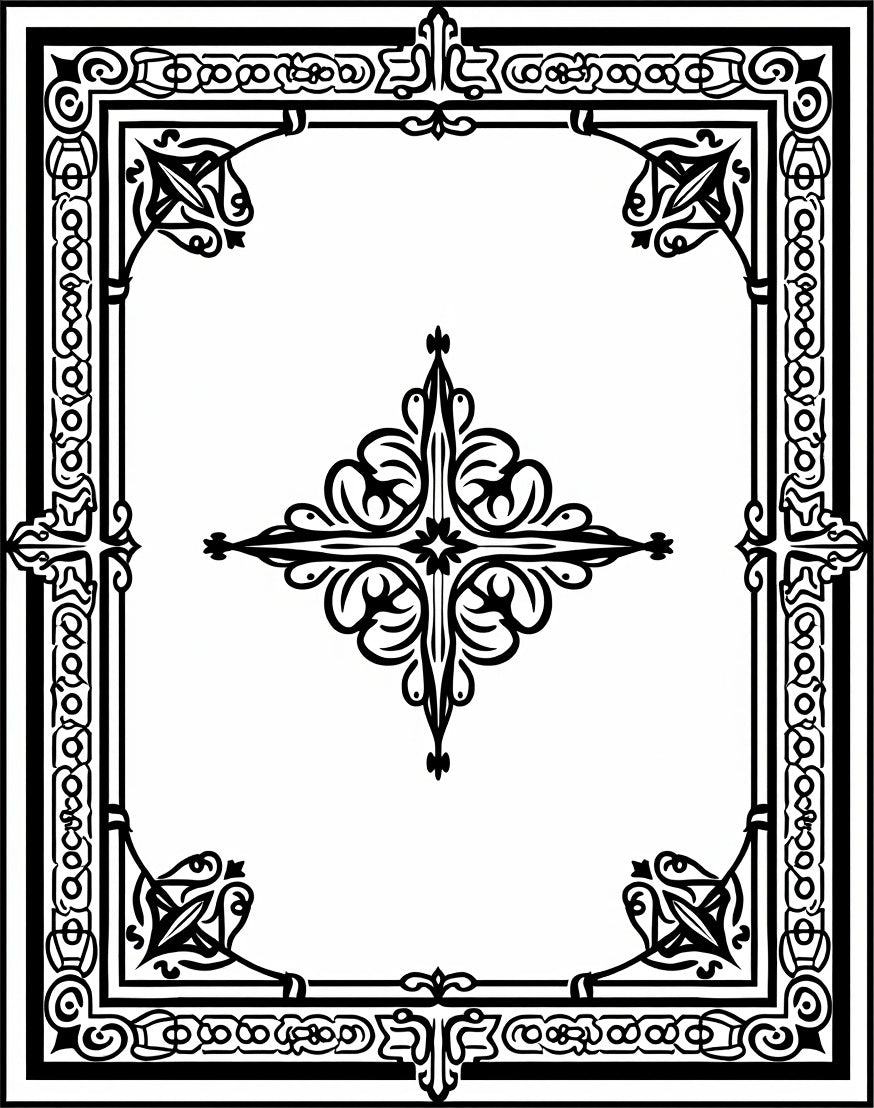 Black Ornate Filigree Border Medallion Rug