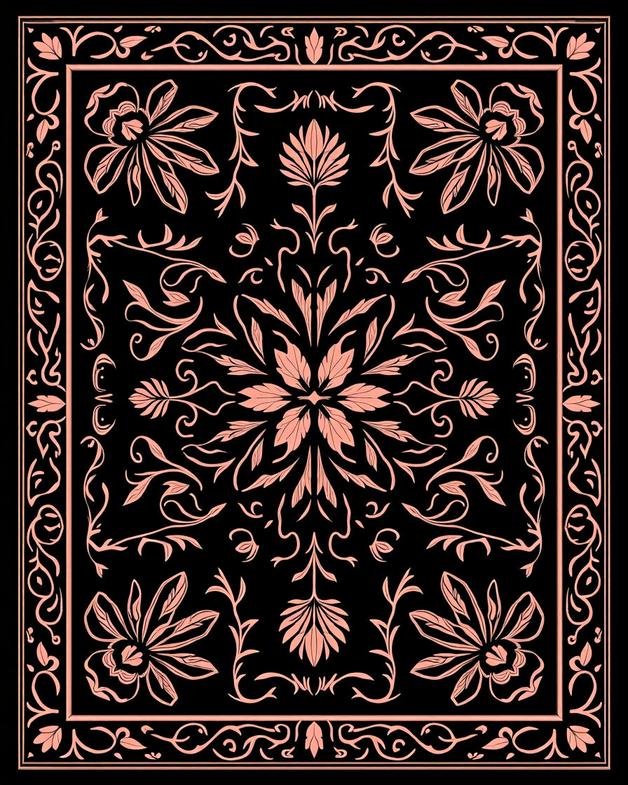 Coral Floral Medallion Black Rug