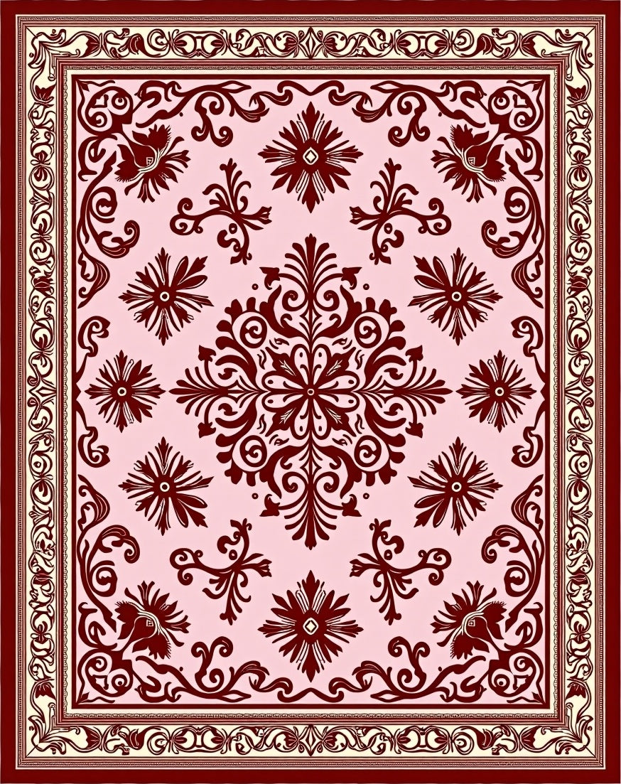 Deep Rose Damask Floral Medallion Rug