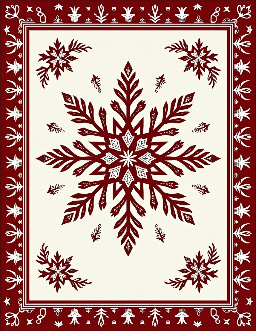 Crimson Snowflake Bordered Cream Rug