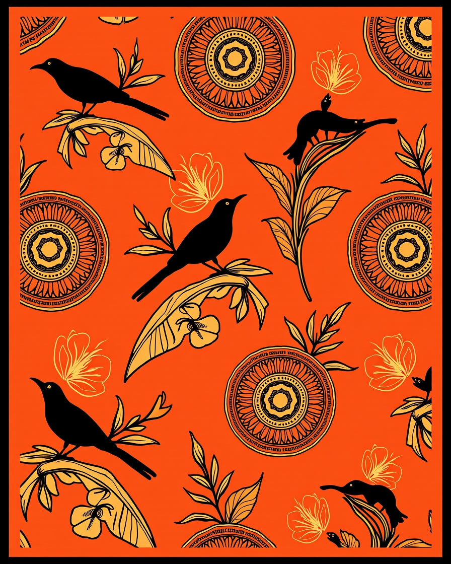 Vibrant Orange Black Bird Floral Medallion Rug