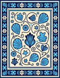 Vibrant Blue Seashell Cream Border Rug