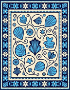 Vibrant Blue Seashell Cream Border Rug