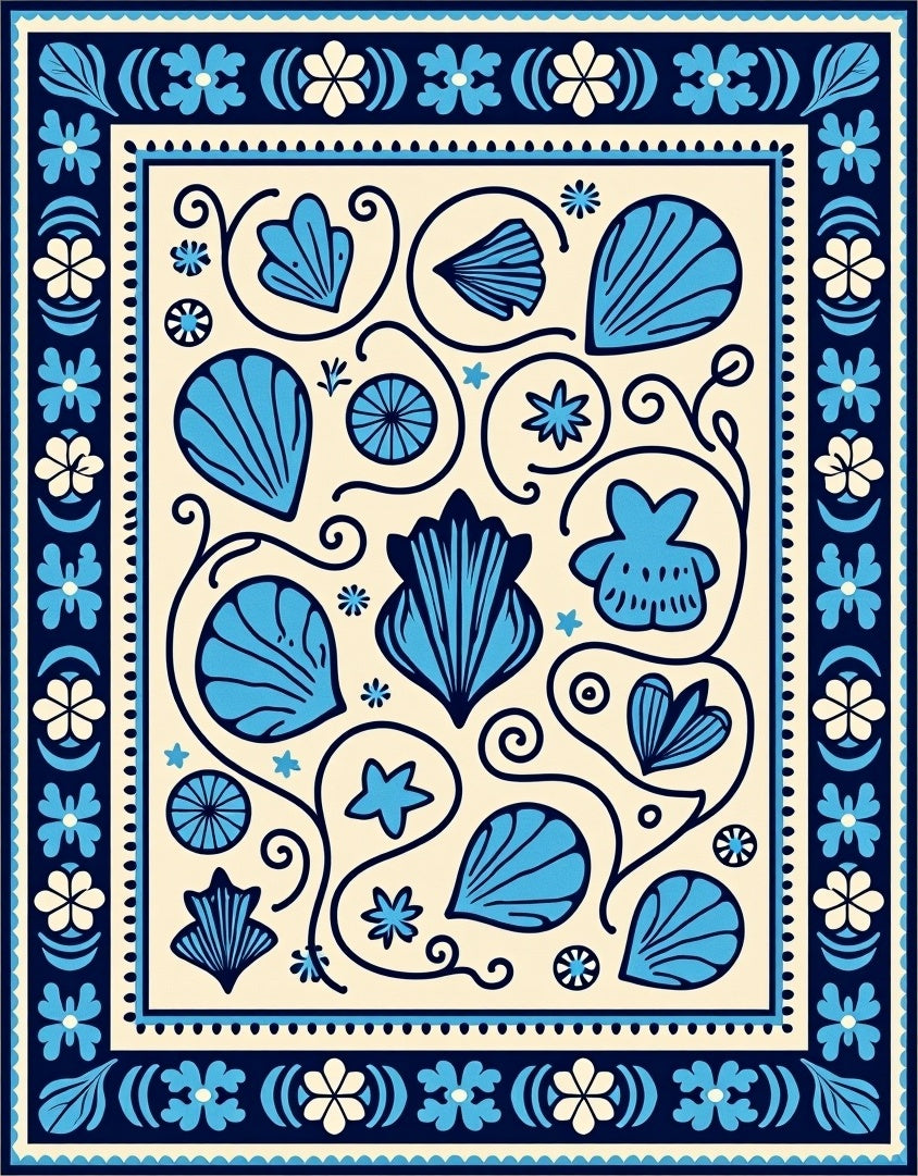 Vibrant Blue Seashell Cream Border Rug