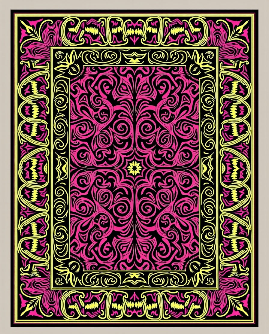 Vibrant Pink Yellow Scrollwork Border Rug