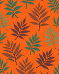 Orange background with maroon and teal leaves Rug