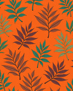 Orange background with maroon and teal leaves Rug