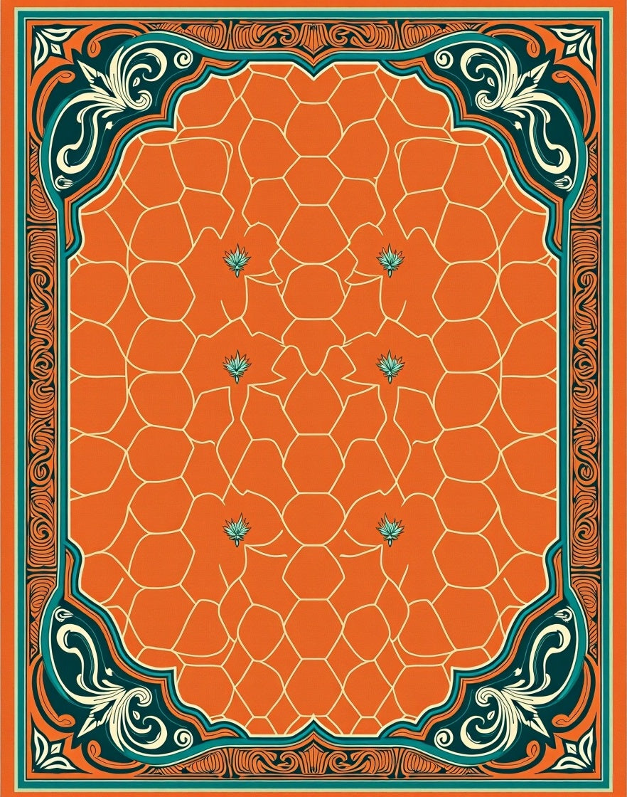 Orange Hexagon Bordered Floral Rug