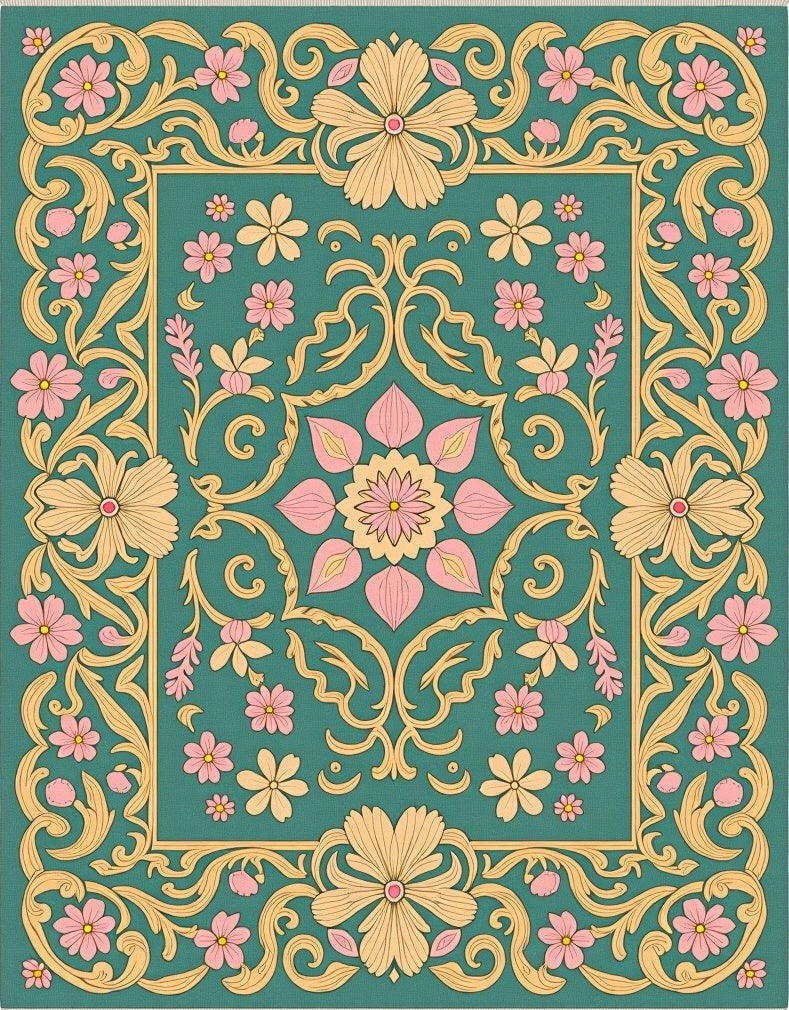 Teal Floral Garden with Pink Accents Rug