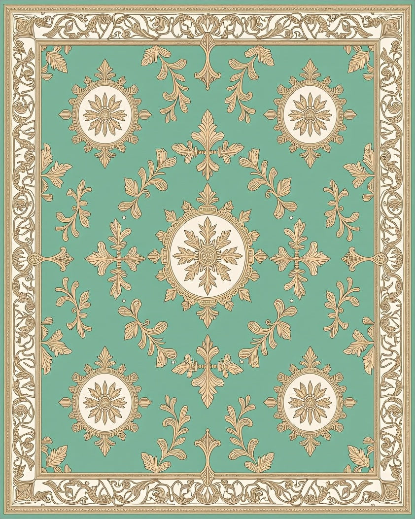 Teal Golden Medallion Acanthus Border Rug