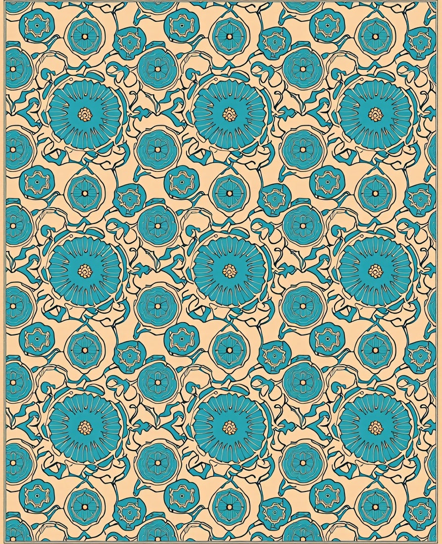 Aqua Floral Medallion Beige Line Art Rug