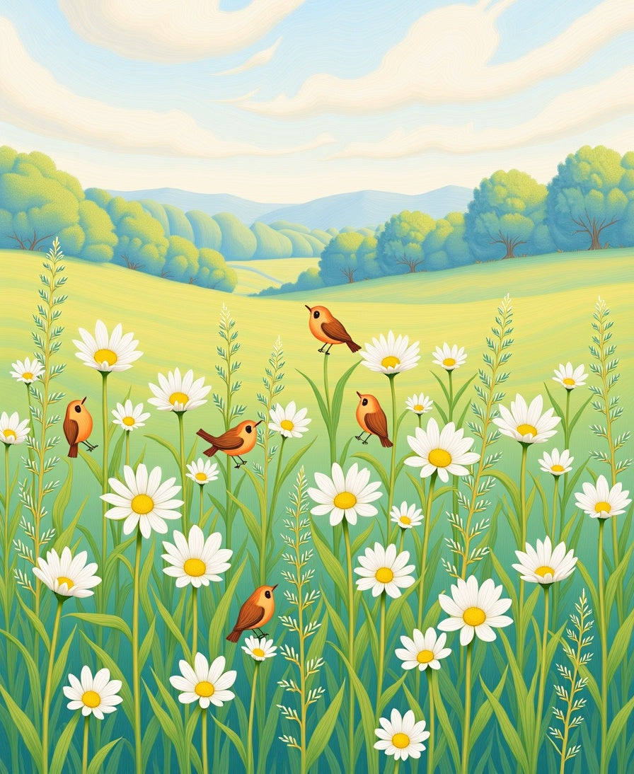 Whimsical Birds Among Daisies Meadow Rug