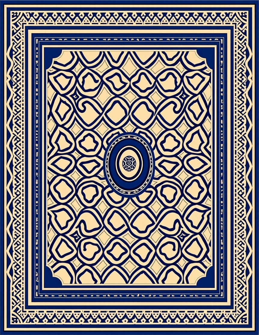 Deep Blue Cream Geometric Intricate Border Rug