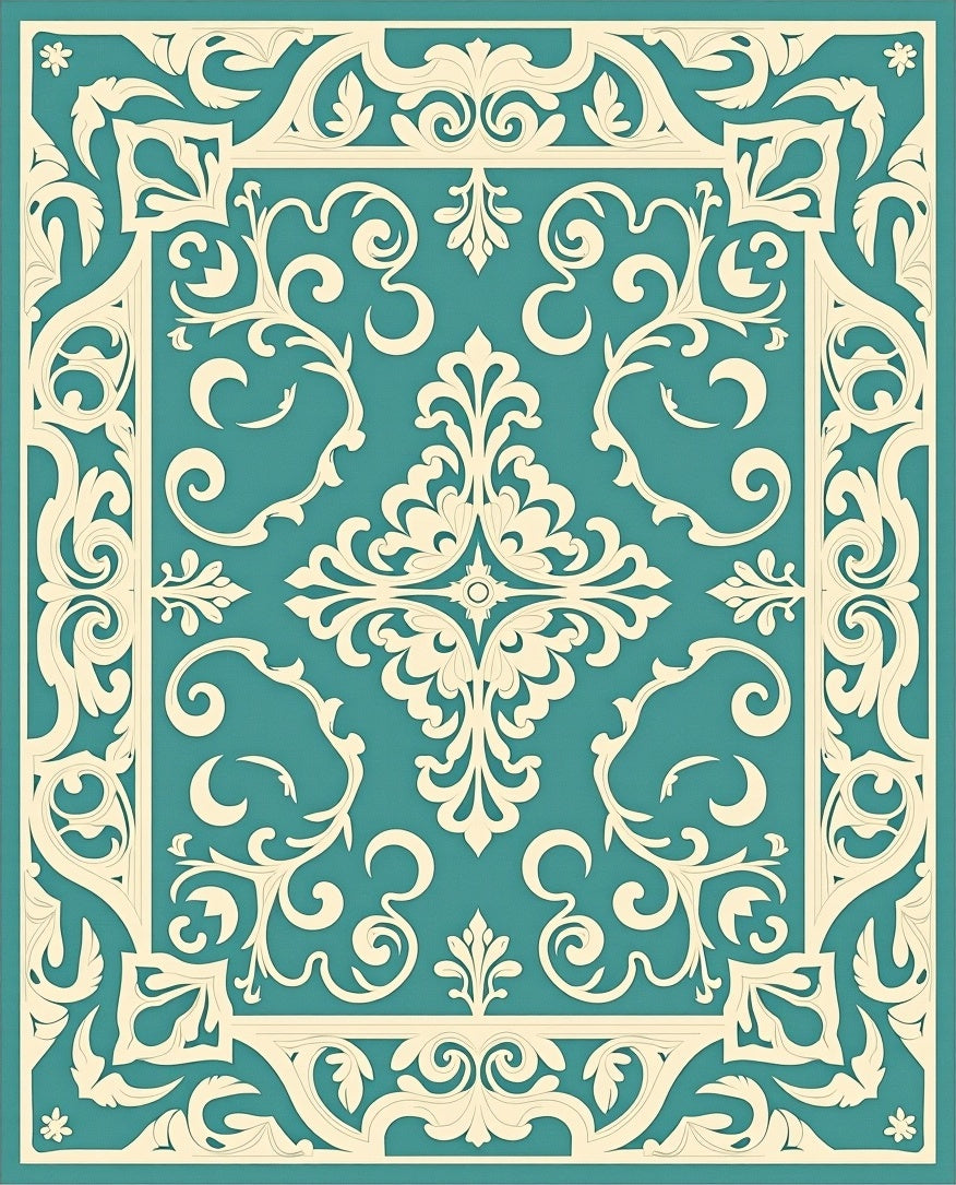 Teal Ivory Ornate Scrollwork Medallion Rug