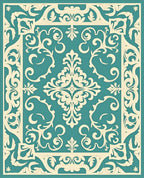 Teal Ivory Ornate Scrollwork Medallion Rug