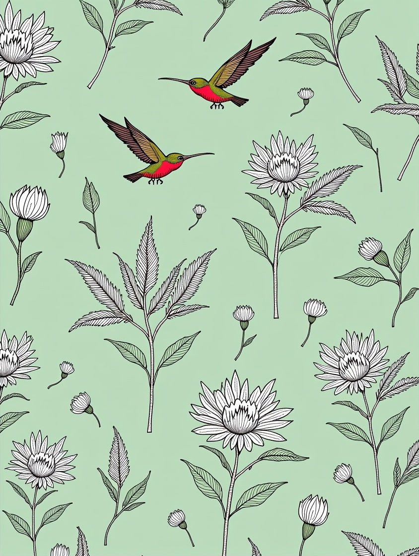 Green Hummingbird Flower Garden Illustration Rug