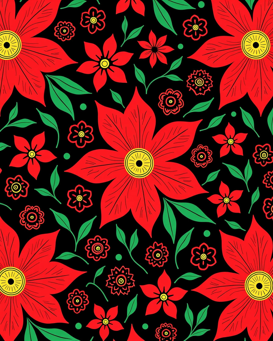 Bold Red Floral Garden Black Rug