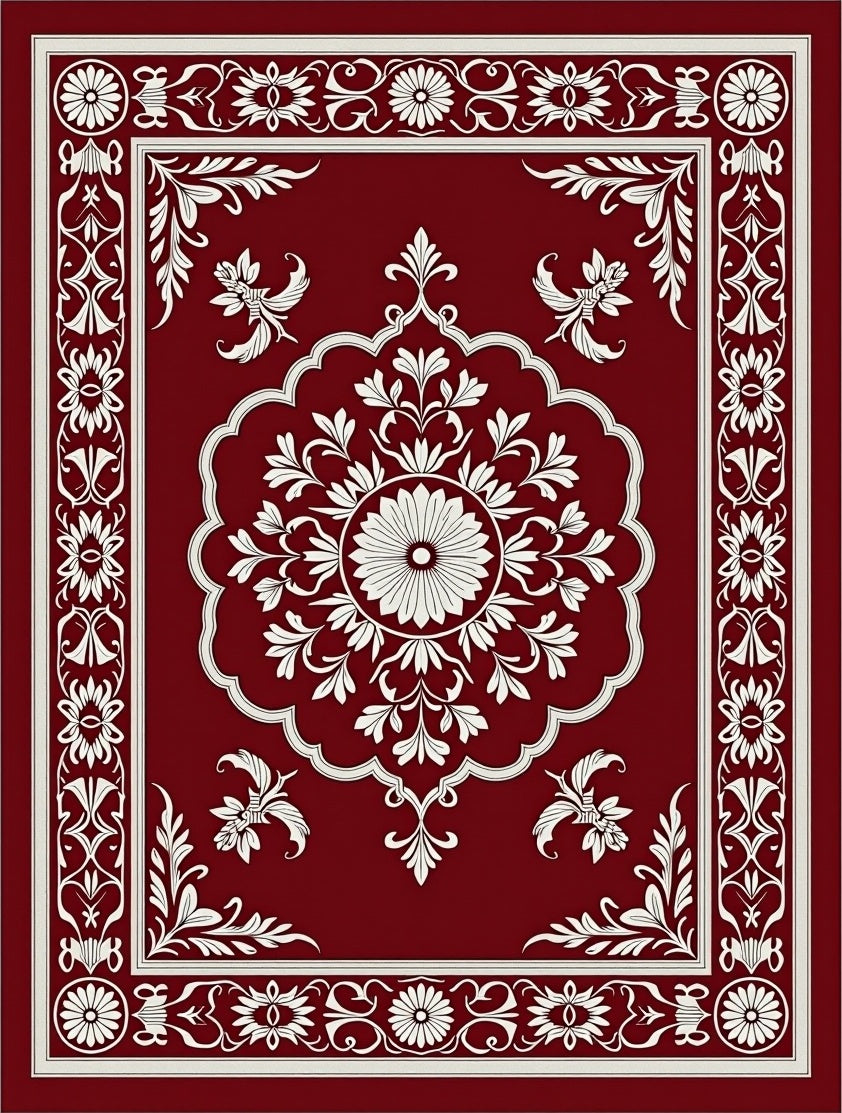 Ornate White Bloom Crimson Border Rug