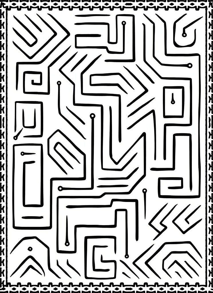 Black White Labyrinth Shapes Border Rug