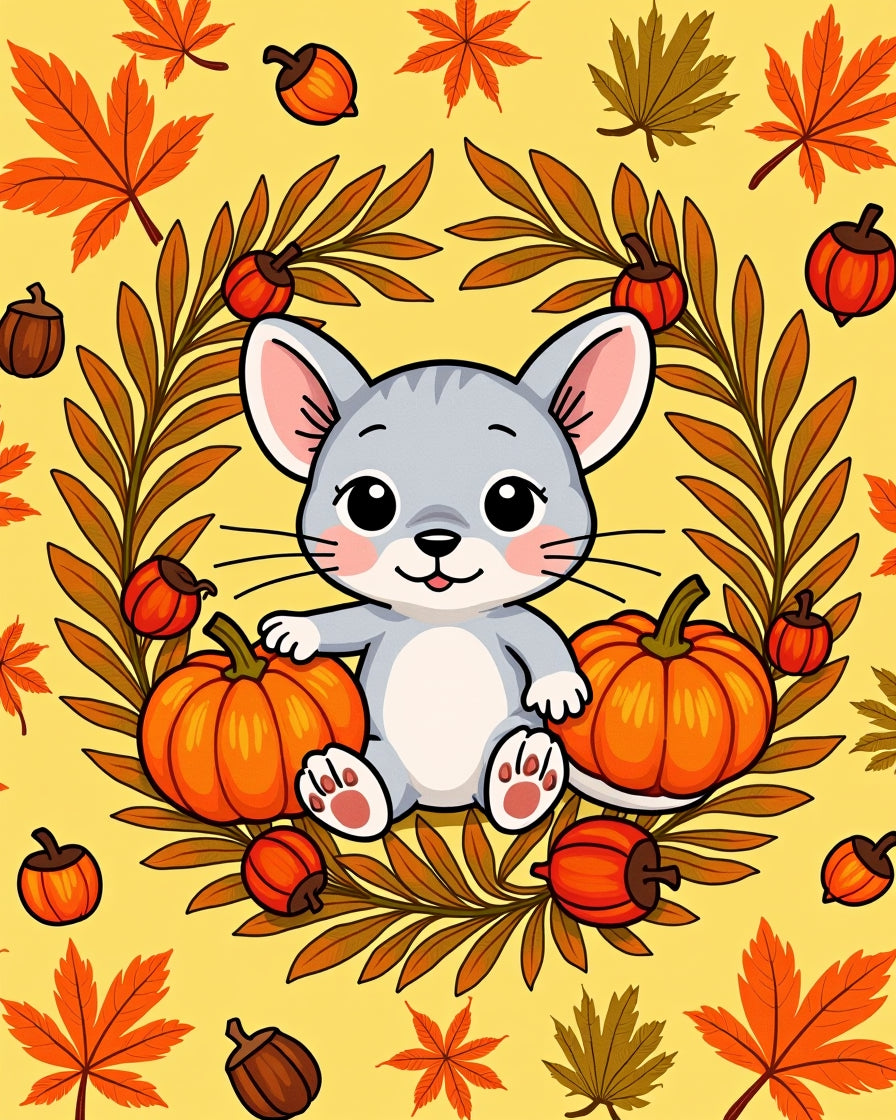 Cute Autumn Mouse Pumpkin Leaf Garland Rug