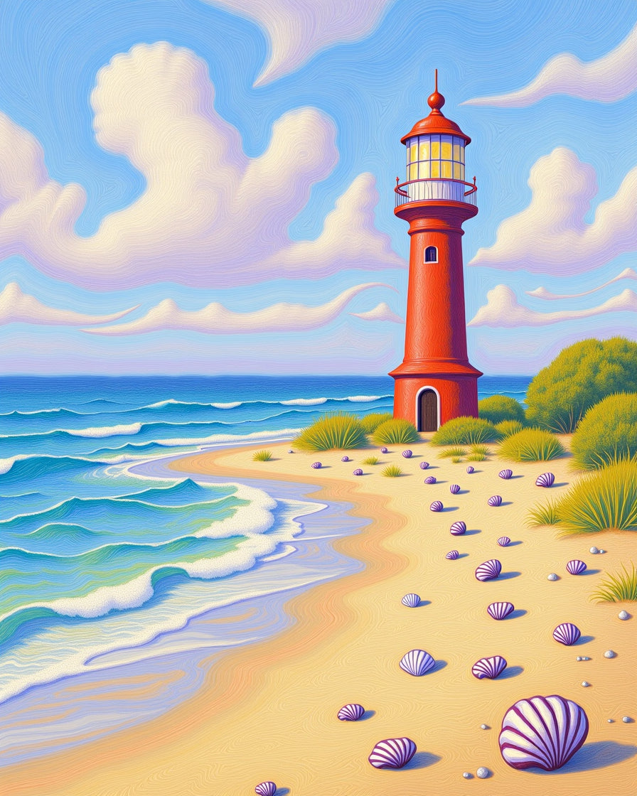 Coastal Red Lighthouse Seashell Beach Scene Rug
