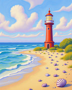 Coastal Red Lighthouse Seashell Beach Scene Rug