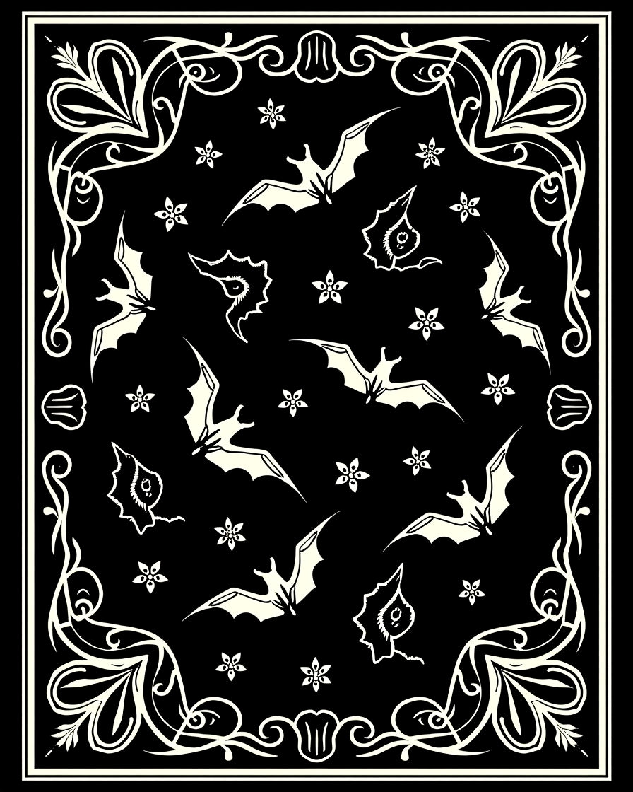 Black Cream Flying Bats Floral Frame Rug